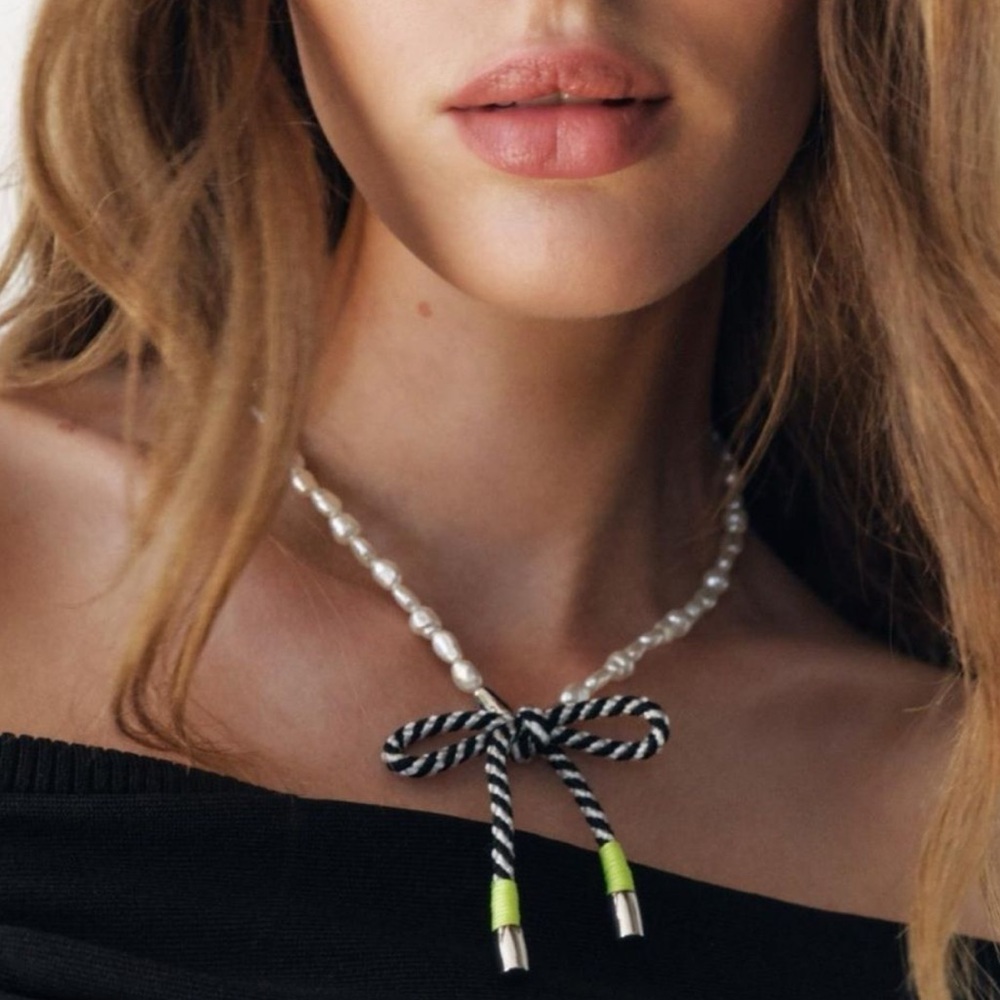 *New* Zara Rope Bow Pendant and Faux Pearl Chain Necklace